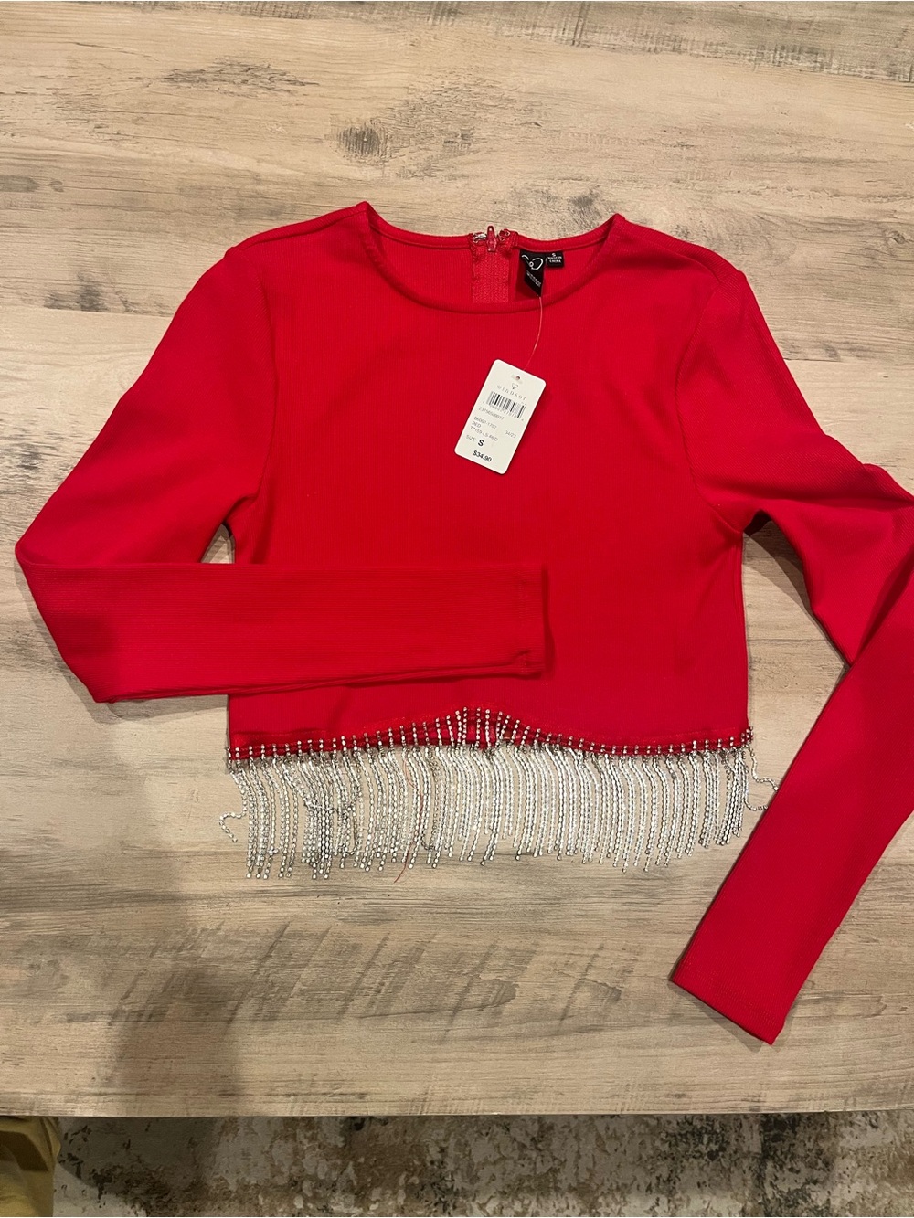 Windsor Bright Red Cropped long sleeve with diamond fringe